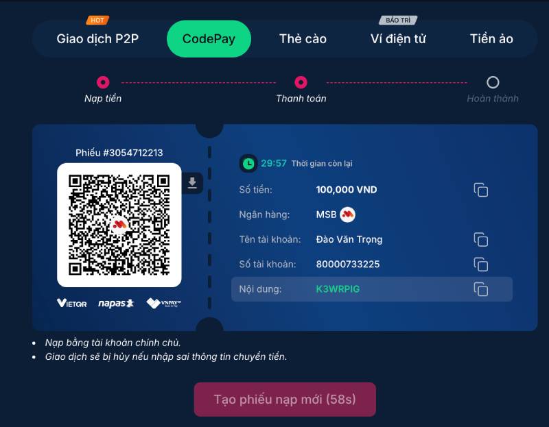 Hướng Dẫn Chi Tiết Các Phương Thức Nạp Tiền Rikbet 2 Nạp tiền qua CodePay